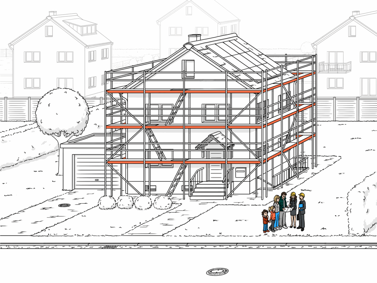 Ein Architekt berät eine Familie beim Hausbau.