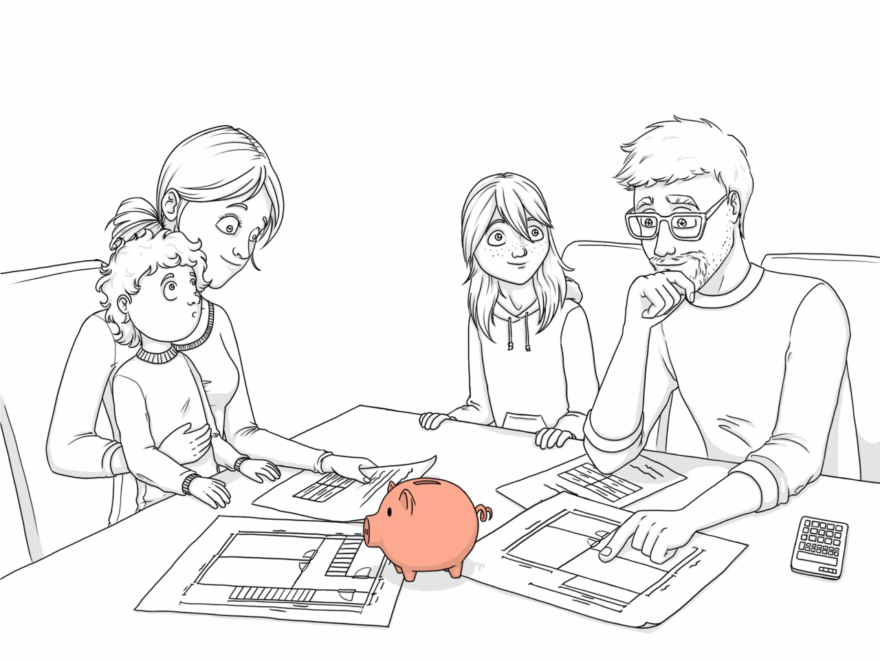 Familie berät über finanzielle Belastungen durch eine Sanierungsmaßnahme.