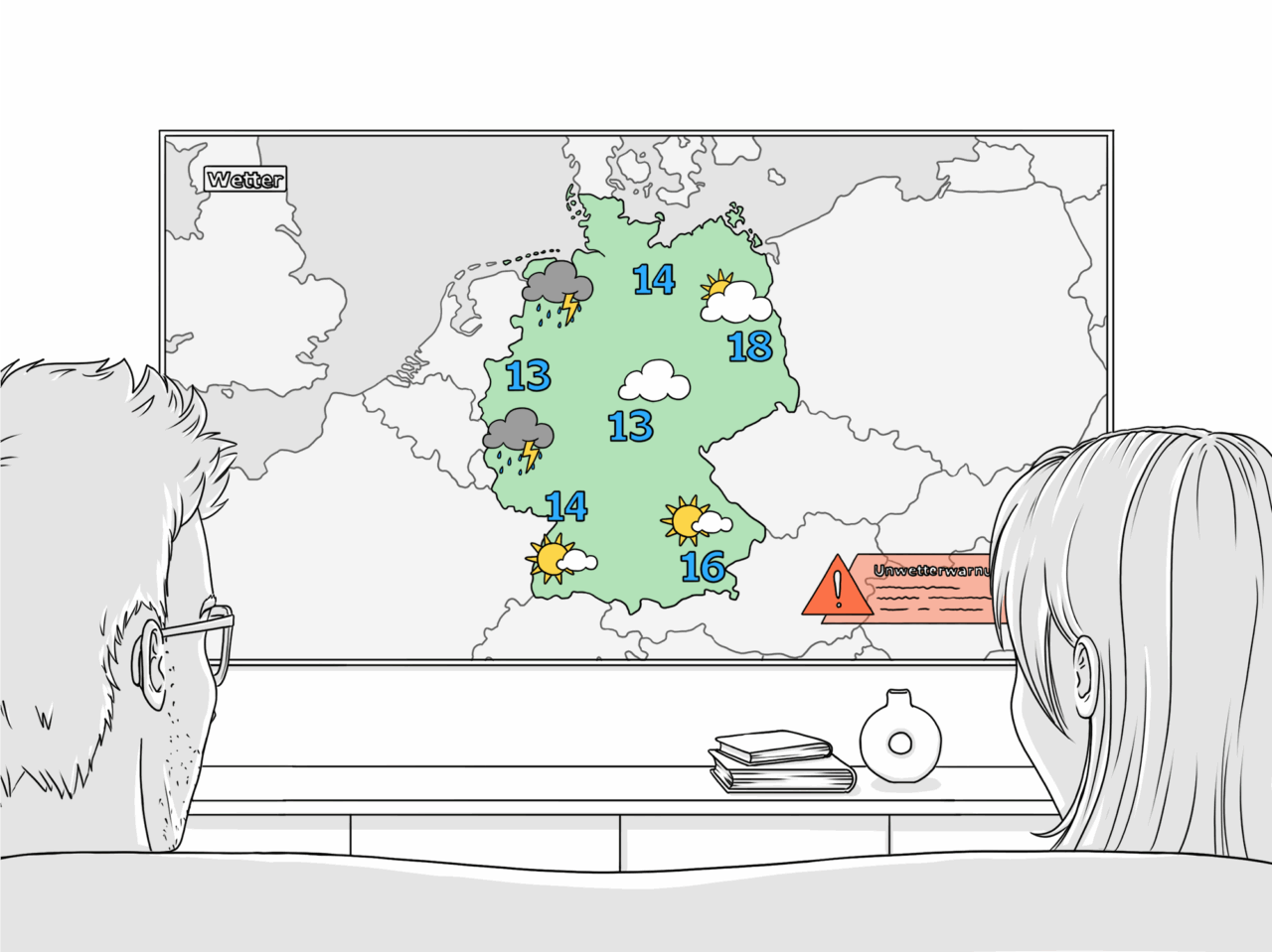 Stilisierter Wetterbericht mit Gewitter im Anzug.