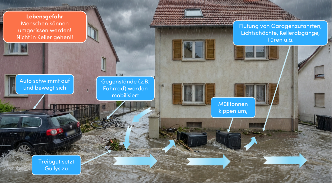 Sturzflut mit 1 m/s und 40 cm Wassertiefe am Hang