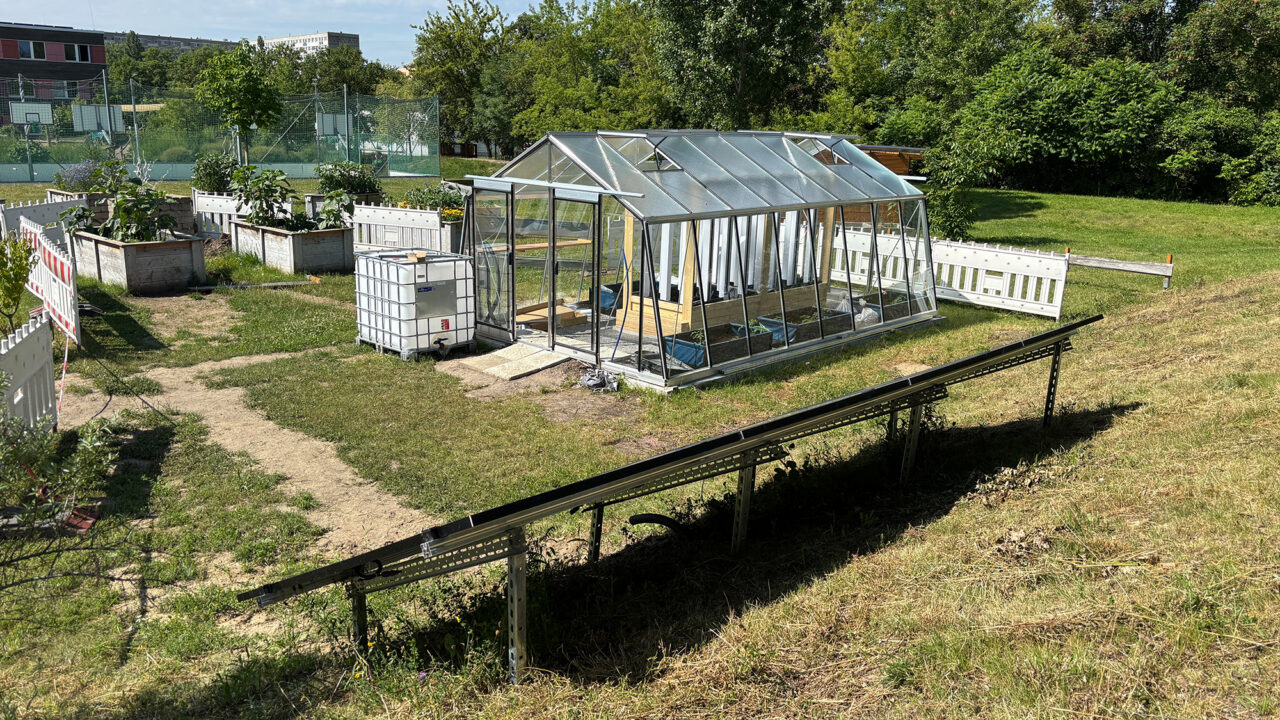 Blick auf die gesamte Aquaponikanlage der Schule in Halle (Saale).